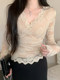Pure Desire Style High-End V-Neck Brushed Fleece Lace Top for Women, New Autumn and Winter Slim-Fit Sexy and Stylish Base Shirt for Women