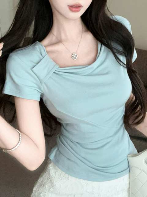 Niche Design Twisted Collar Short-Sleeve T-Shirt for Women, New Summer Style, Ruched Slim Fit, Gentle and Fresh Blue Top