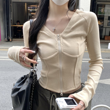 Slim-Fit Raglan Long-Sleeve V-Neck Double-Zip Cardigan for Women, New Autumn Korean Style Spicy Girl Fishbone Waist-Cinching Short Top