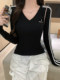 Casual Style Color-Block Striped Long-Sleeve Ribbed T-Shirt for Women, New Spring Korean Style V-Neck Letter Embroidery Slim-Fit Base Shirt