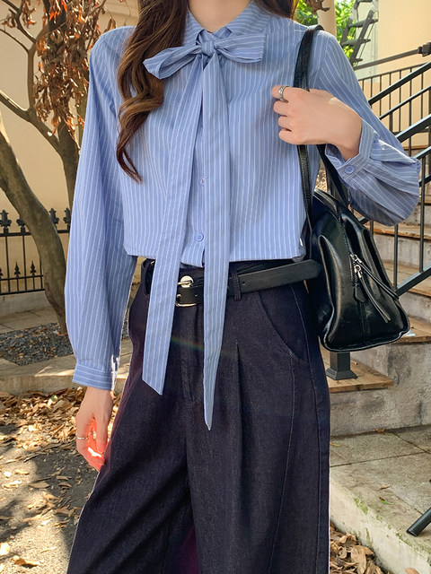 French-Style Striped Long-Sleeve Shirt for Women, New Spring Korean-Style Professional Single-Breasted Layered Top