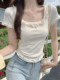 Age-Reducing Sweet Girl Style Square-Neck Short-Sleeve T-Shirt for Women with Lace Trim, New Summer Design with Delicate Ruffled Edges