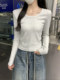 Short Slim-Fit Round-Neck Base Shirt for Petite Women, New Spring Style, Simple Gray Slim-Fit Long-Sleeve Inner T-Shirt