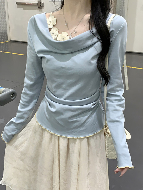 Fake Two-Piece Design with Stand Collar and Floral Decoration, Long-Sleeve T-Shirt for Women, New Spring Style with a High-End Feel, Ruffled Top