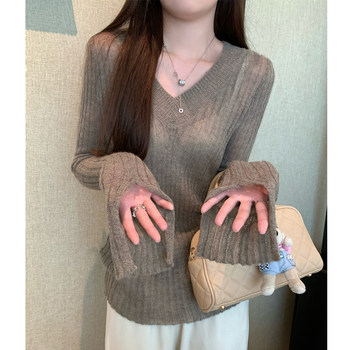 Korean Style Lazy Style Flared Long-Sleeved Ribbed Knit Sweater for Women, New Autumn Slim-Fit V-Neck Thin Sweater