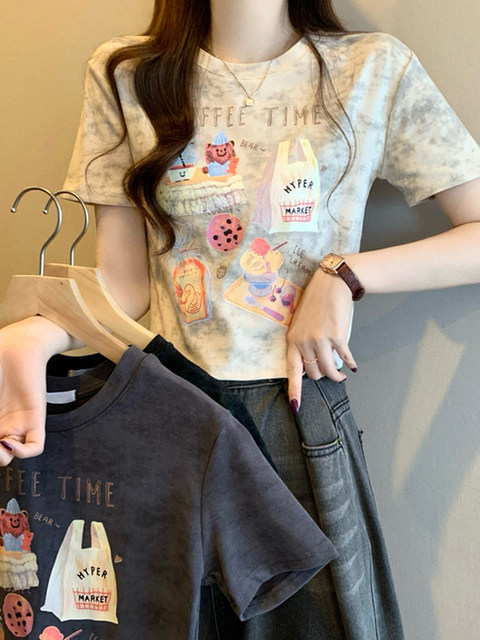 Korean-Style Cartoon Print Tie-Dye Round-Neck Short-Sleeve T-Shirt for Women, Summer New Slim-Fit Short Top for Petite Figures