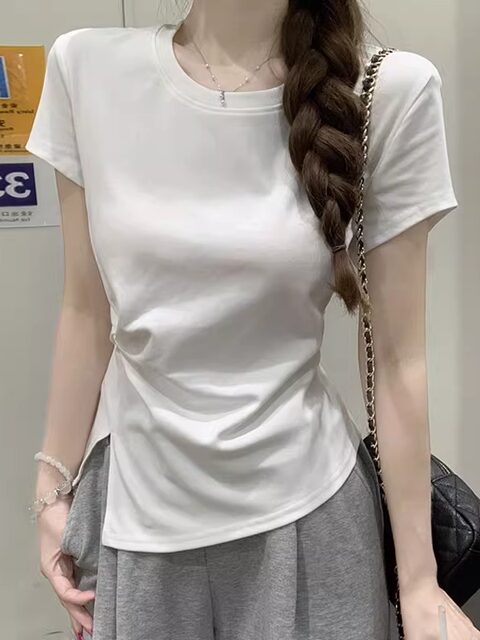 Round Neck Knot Slit Design Cinched Waist Short-Sleeved T-Shirt for Women, New Summer Style with Irregular Hem, Slim Fit Top