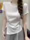 Round Neck Knot Slit Design Cinched Waist Short-Sleeved T-Shirt for Women, New Summer Style with Irregular Hem, Slim Fit Top