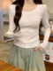 Basic White Round Neck Ribbed T-Shirt for Women, Long Sleeve, 2026 Spring New Korean Style, Slim Fit, Inner Layer Top