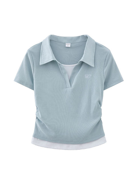 Clever Side Ruching Design Short-Sleeve Faux Two-Piece Women's Summer New Style Fresh Blue Polo Collar Slim-Fit Top