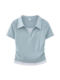 Clever Side Ruching Design Short-Sleeve Faux Two-Piece Women's Summer New Style Fresh Blue Polo Collar Slim-Fit Top