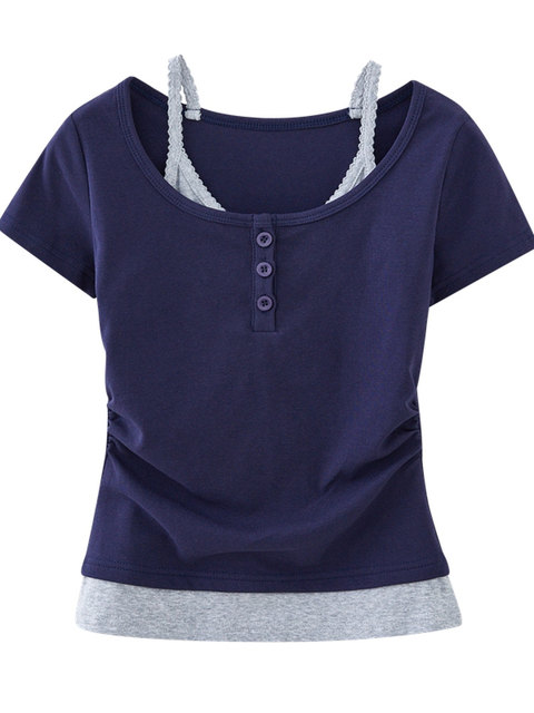 Fashionable Versatile Round-Neck Color-Blocked Faux Two-Piece Women's Summer New Style Pure Desire Hot Girl Style Ruched Design Slim-Fit Top