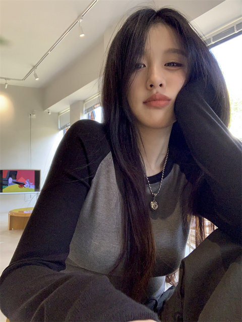 Retro American Style Hottie Color-Blocked Raglan Long-Sleeve T-Shirt for Women, Early Spring New Korean Style Loose-Fitting Base Shirt for Women ins