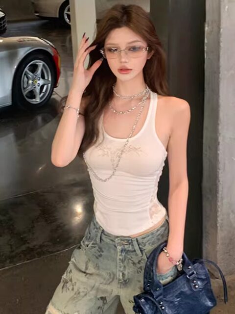 Trendy European and American Style Lace Camisole for Women, Summer New Design, Unique Print, Slim Fit, Outerwear Tank Top