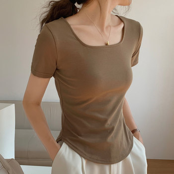 Chic U-Neck Curved Hem T-Shirt for Women, Short-Sleeved, New Summer Korean Style, Slim Fit, Irregular Half-Sleeve Top, Short Trendy Style