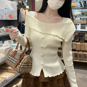 Chic Ruffled Off-Shoulder Buttoned Long-Sleeve Knit Sweater for Women, New Autumn and Winter Slim-Fit Sweet Pullover Sweater for Women