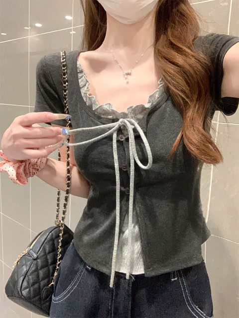 Pure Desire Style Square Neck Tie Contrast Color Fake Two-Piece Short-Sleeve T-Shirt for Women, New Summer Korean Version Slim Fit College Style Top