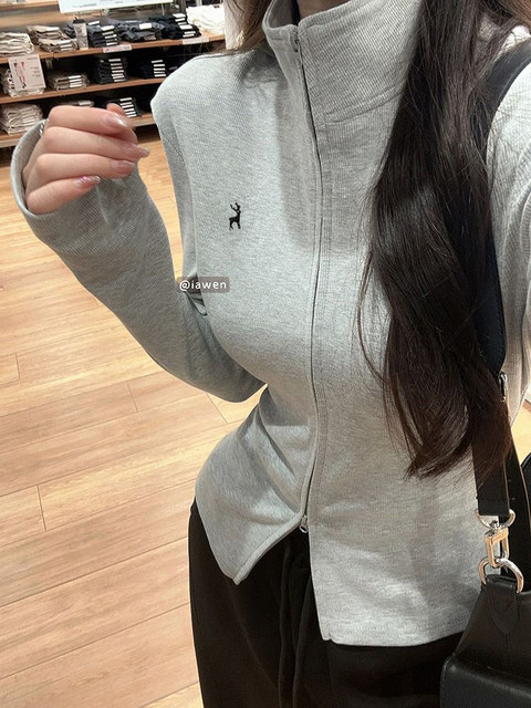 Sports Style Hot Girl Embroidered Double Zipper Stand Collar Jacket Women's Short Autumn and Winter New Slim Fit Mid-Collar Long-Sleeved Cardigan for Women