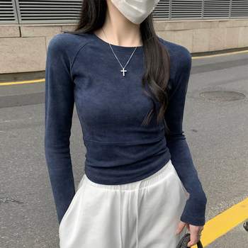 Tie-Dye Patchwork Raglan Long-Sleeve T-Shirt for Petite Women, Short Style, New Autumn Korean Version, Slim Fit, Trendy Base Shirt for Women