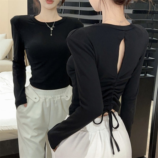 Spicy Girl Style Hollow-Out Backless Black Base Shirt for Women, New Autumn Korean Version Slim Fit Sexy Long-Sleeve T-Shirt for Women