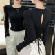 Spicy Girl Style Hollow-Out Backless Black Base Shirt for Women, New Autumn Korean Version Slim Fit Sexy Long-Sleeve T-Shirt for Women