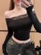 Pure Desire Lace Patchwork Off-Shoulder Long Sleeve T-Shirt for Women 2025 Autumn New Sexy Slim Fit Top