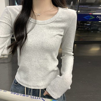 Short Slim-Fit Round-Neck Base Shirt for Petite Women, New Spring Style, Simple Gray Slim-Fit Long-Sleeve Inner T-Shirt