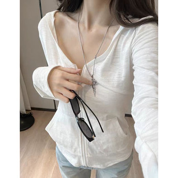 Casual White Casual V Neck Hooded Bamboo Cotton Jacket for Women Spring New Korean Style Zipper Slim Fit Sun Protection Cardigan