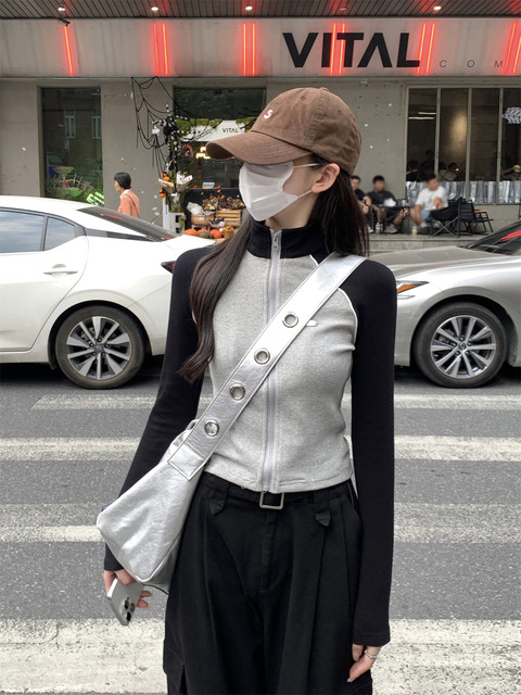 Sports Style Letter Embroidered Stand-Up Collar Raglan Sleeve Cardigan for Petite Women, New Autumn Casual Color-Blocked Short Jacket