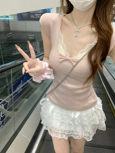 Pure Desire Style Square Neck Bow Pink Short-Sleeved Knit Top for Women, New Summer Slim Fit Sweet Lace Vest for Women, Trendy