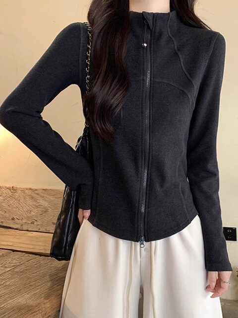 Fishbone Design Double Zipper Brushed Velvet Long-Sleeved Cardigan for Women, New Winter Casual Sports Style Stand-Up Collar Jacket