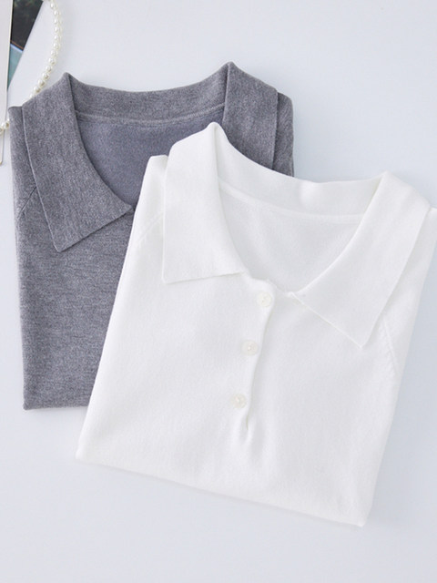 Ins Simple Style Gray Raglan Short-Sleeved Knitwear for Women Summer New Korean Style Polo Collar Casual Loose Top