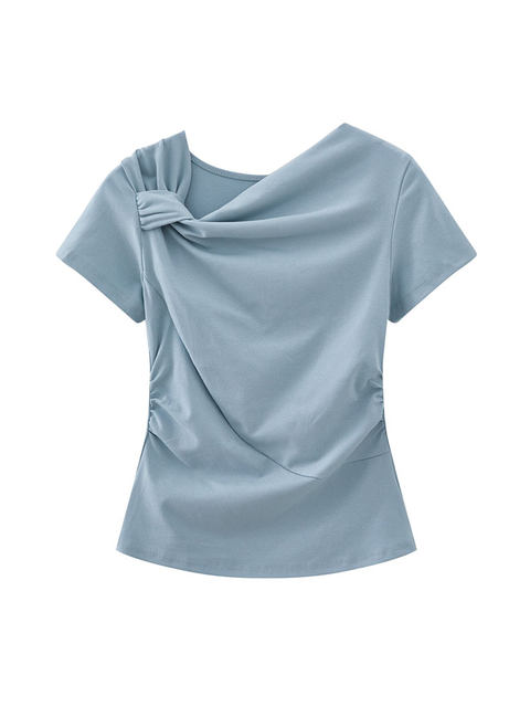 Niche Design Twisted Collar Short-Sleeve T-Shirt for Women, New Summer Style, Ruched Slim Fit, Gentle and Fresh Blue Top