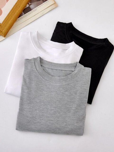 Petite Round-Neck Gray Long-Sleeve T-Shirt for Women, Modal Top, New Spring Style, High-Waisted Short Base Shirt for Trendy Girls