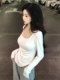 Pure Desire Style Irregular Square Neck Long-Sleeve T-Shirt for Women, White, New Spring Korean Version, Slim Fit with Curved Hem Top