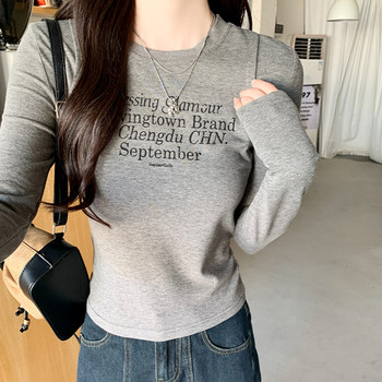 Letter Print Design Round Neck Long-Sleeved T-Shirt for Women, Spring New Korean Style Gray Slim Fit Inner Layering Shirt