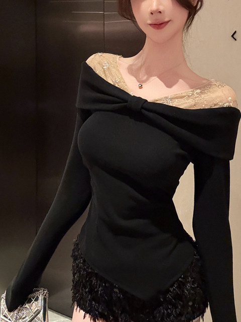 Pure Desire Style Lace Splicing V-Neck Long-Sleeve T-Shirt for Women, New Winter Slim-Fit Irregular Fake Two-Piece Base Shirt for Women, Trendy