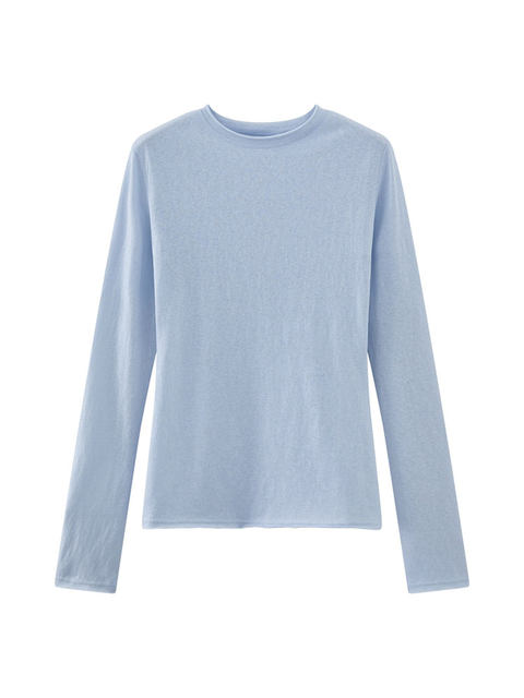 Elegant Rolled-Edge Round-Neck Simple Long-Sleeve Sun-Protective T-Shirt for Women, Early Spring New Korean-Style Blue Slim-Fit Versatile Base Shirt