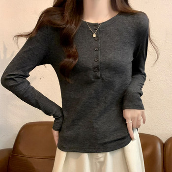 Hong Kong Style Semi-Open Collar Bamboo Cotton High-End Gray Long-Sleeve Women's T-Shirt, New Spring Korean Version Slim-Fit Base Shirt for Women