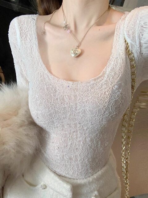 Sexy and Alluring Style, Large U-Neck Long-Sleeve Sequined Lace Shirt for Women, New Winter Model, Versatile and Slim-Fitting Base Top