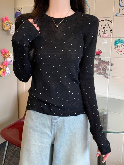 Fashionable Commuting Versatile Polka Dot Wool Knit Sweater for Women 2025 Autumn New Korean Style Round Neck Slim Fit Layered Sweater