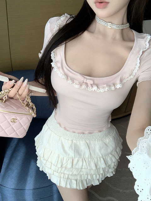 Korean-Style Sweet Lace-Trimmed Square-Neck Pink Short-Sleeve T-Shirt for Women, New Summer Model with Delicate Ruffle Edges