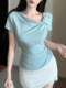 Niche Design Twisted Collar Short-Sleeve T-Shirt for Women, New Summer Style, Ruched Slim Fit, Gentle and Fresh Blue Top