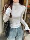Half-High Collar Slim Fit Pleated Design Long-Sleeve Base Shirt for Women, New Autumn Korean Style Fresh Blue Short Top