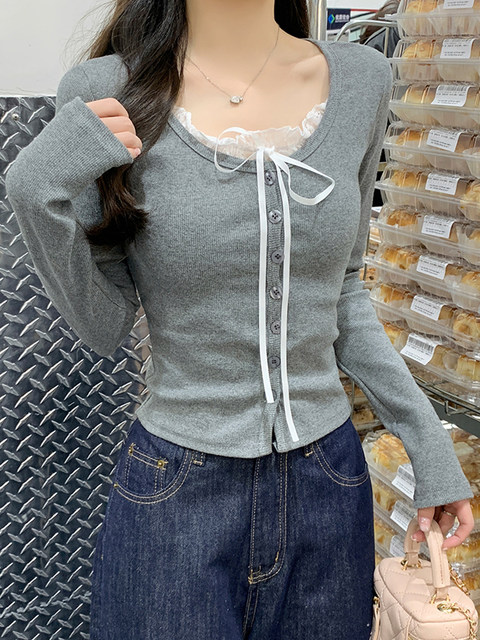 Slim-Fit Faux Two-Piece Pure Desire Lace Patchwork Round Neck Long-Sleeve Women's Top, New Spring Korean Style Sweet Short Top