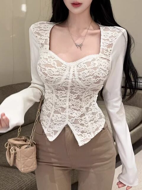 Pure Desire Style Waist-Cinching Fleece-Lined Square-Neck Lace Patchwork T-Shirt for Women, New Spring and Autumn Model with Built-In Chest Pads, Irregular Slim-Fit Top