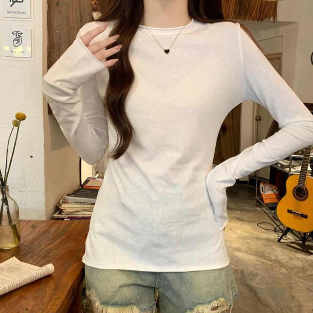 Chic Rolled-Edge Snowflake Cotton White Base Shirt for Women, 2026 Spring New Slim-Fit Sun-Protective Long-Sleeve Women's T-Shirt
