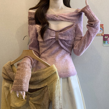 Sweet Bow-Knot Cut-Out One-Shoulder Gradient Long-Sleeve T-Shirt for Women, New Spring Style, Sexy and Trendy Slim-Fit Top