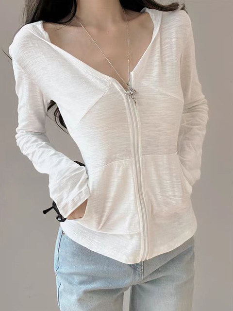 Casual White Casual V Neck Hooded Bamboo Cotton Jacket for Women Spring New Korean Style Zipper Slim Fit Sun Protection Cardigan