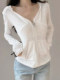 Casual White Casual V Neck Hooded Bamboo Cotton Jacket for Women Spring New Korean Style Zipper Slim Fit Sun Protection Cardigan